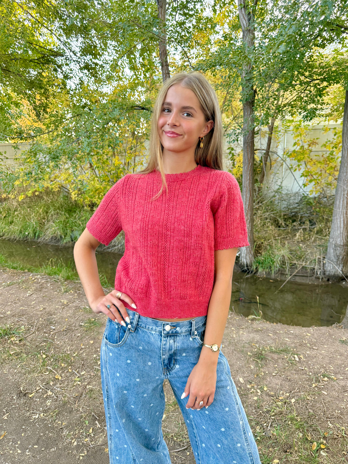 Josie Pointelle Knit Sweater Top