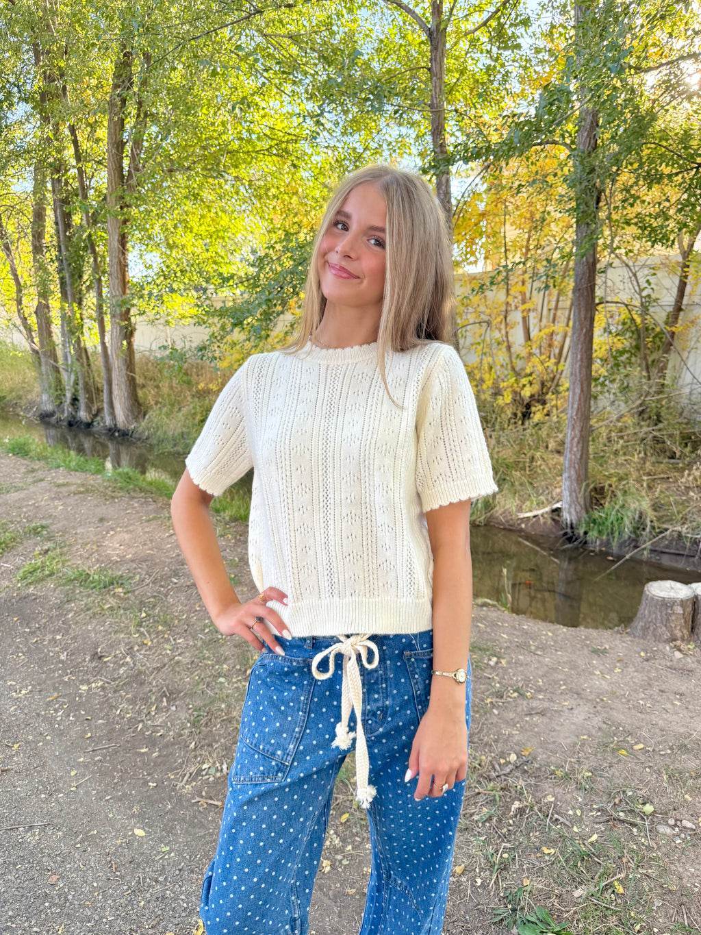 Josie Pointelle Knit Sweater Top
